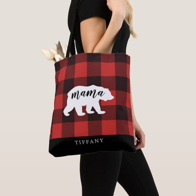 Rustic Country Flannel Mama Bear Monogram Tote Bag (Close Up)