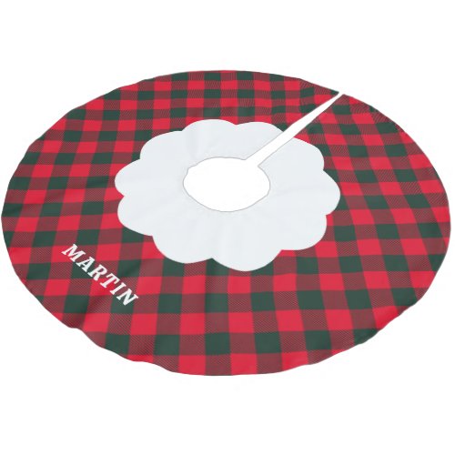 Rustic Country Flocked Buffalo Plaid Family Name Brushed Polyester Tree Skirt