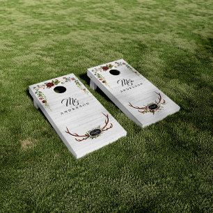 Rustic Country Floral Antler Farmhouse Monogram Cornhole Set