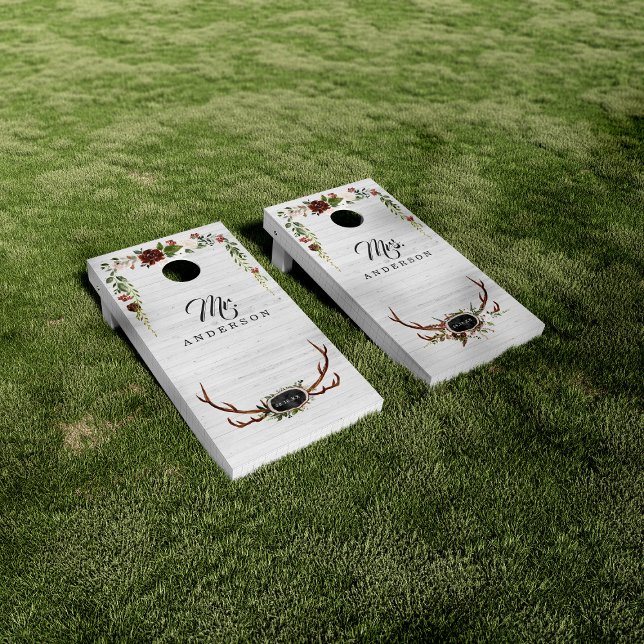 Rustic Country Floral Antler Farmhouse Monogram Cornhole Set (Creator Uploaded)