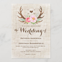 Rustic Country Floral Antlers Wedding Invitations