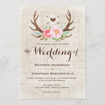 Rustic Country Floral Antlers Wedding Invitations by WillowTreePrints at Zazzle