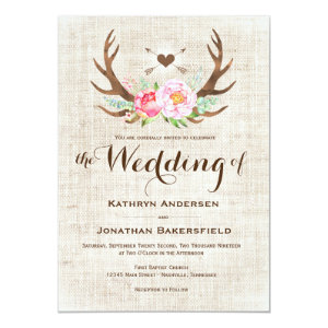 Rustic Country Floral Antlers Wedding Invitations