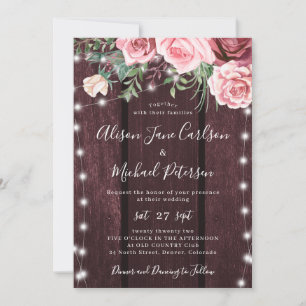 Rustic country floral barn wood burgundy wedding invitation