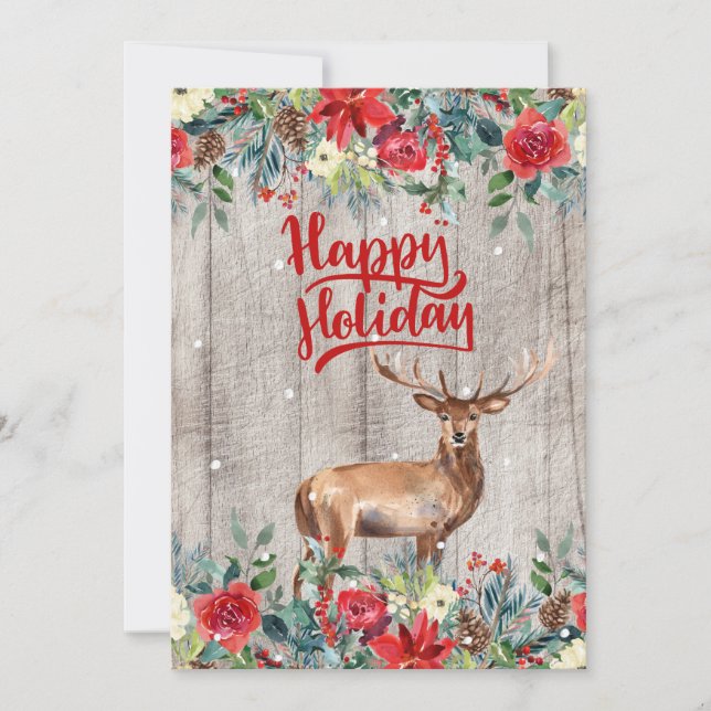 Rustic country floral barn wood Happy Holidays Holiday Card (Front)