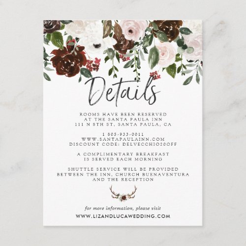 Rustic Country Floral Boho Wedding Guest Details Enclosure Card