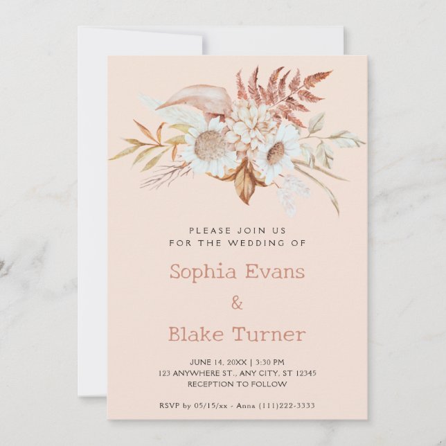 Rustic Country Floral Botanical Pink Cream Wedding Invitation (Front)