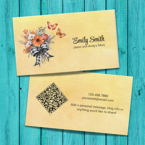 Rustic Country Floral Bouquet Butterflies QR Code Calling Card