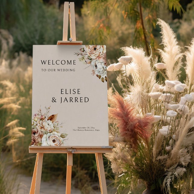 Rustic Country Floral Brown Neutral Fall Wedding Foam Board (Wedding welcome sign from Rustic Floral Brown Neutral Wedding Collection by Darling & May)