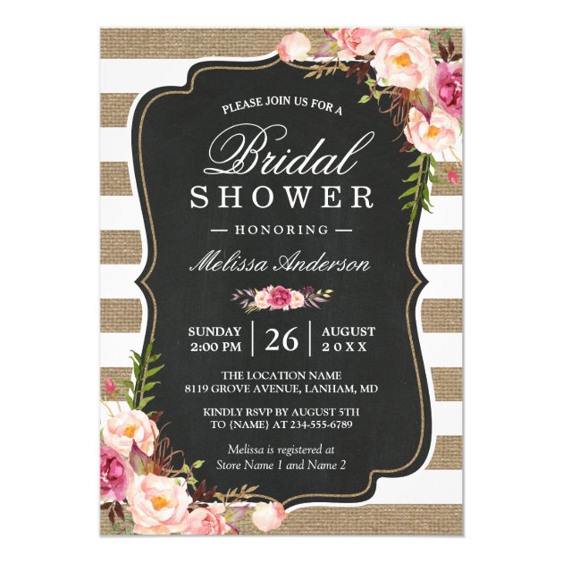 Rustic Country Floral Burlap Stripes Bridal Shower Invitation