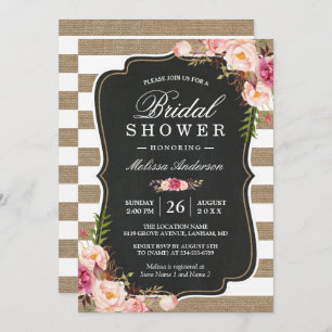 Rustic Country Floral Burlap Stripes Bridal Shower Invitation