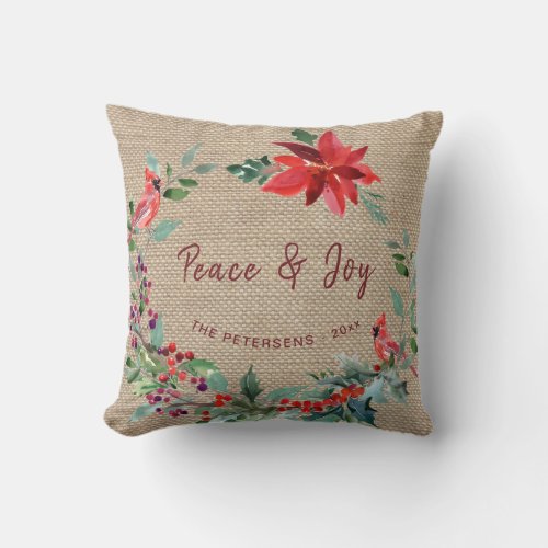 Rustic country floral Christmas wreath burlap Throw Pillow