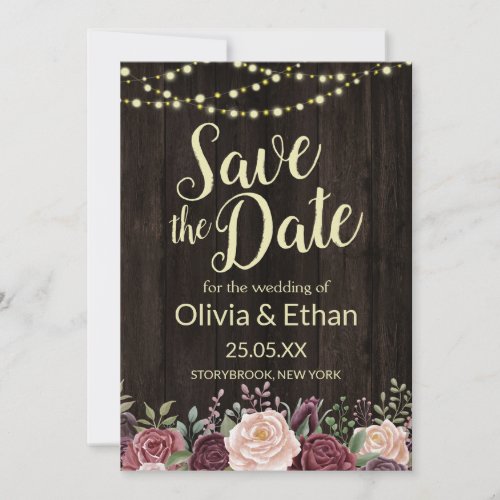 Rustic Country Floral Dark Wood String Lights Save The Date