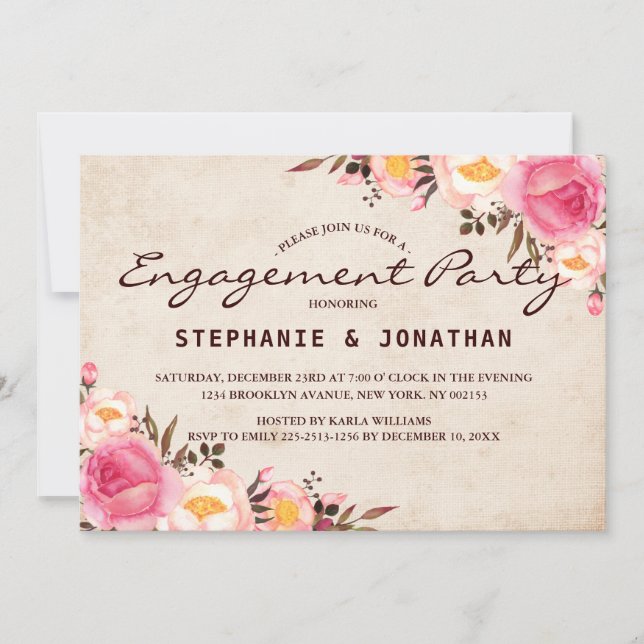 Rustic Country Floral engagement party card (Front)