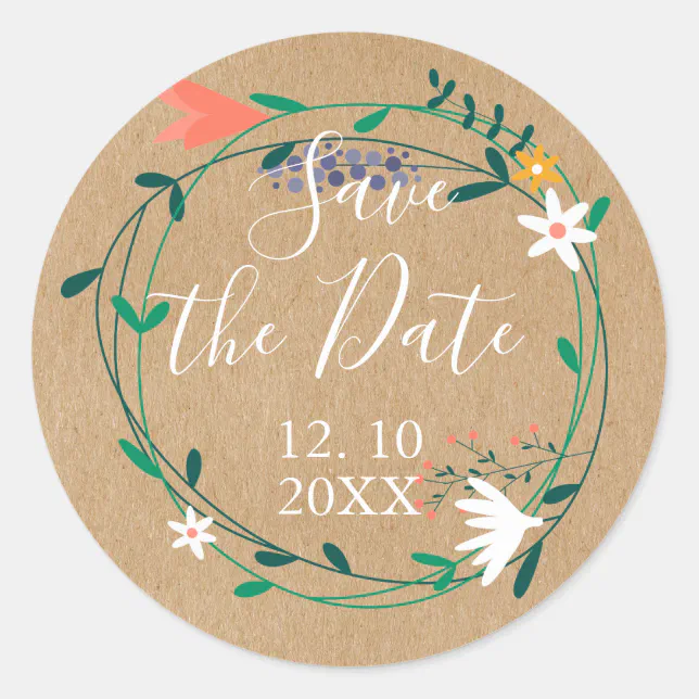 Rustic Country Floral Garland Save The Date Classic Round Sticker Zazzle 4604