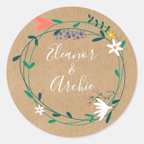 Rustic Country Floral Garland Wedding favor Classic Round Sticker