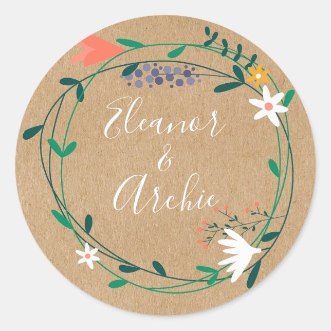 Rustic Country Floral Garland Wedding favor Classic Round Sticker (Front)