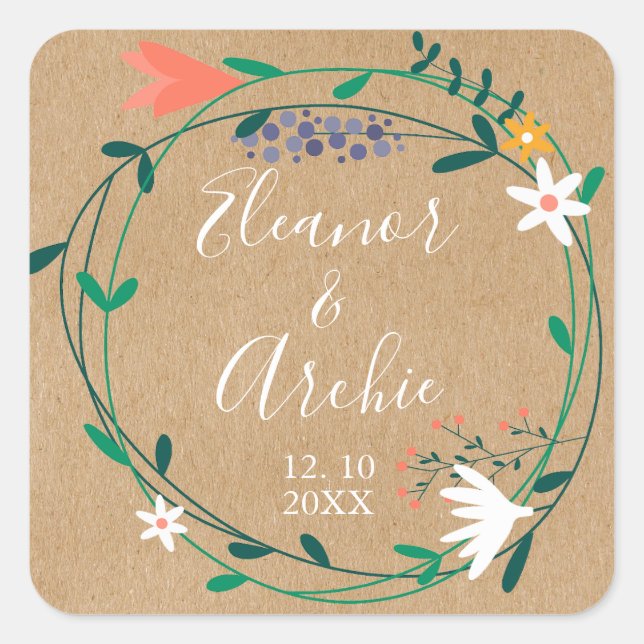 Rustic Country Floral Garland Wedding Favor Square Sticker (Front)