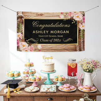 Rustic Country Floral Gold Accent Graduation Party Banner