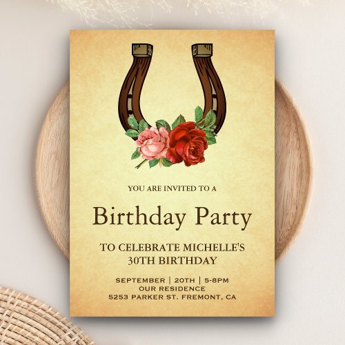 Rustic Country Floral Horseshoe Birthday Party Invitation