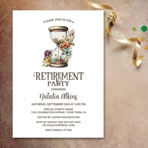 Rustic Country Floral Hourglass Retirement Invitation