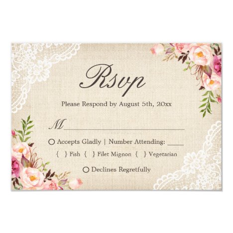 Rustic Country Floral Lace Burlap Meal Choice RSVP Card
