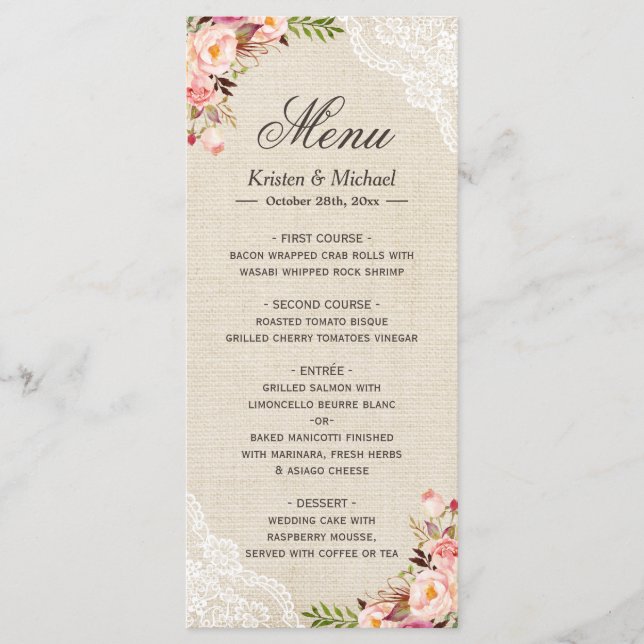 Rustic Country Floral Lace Burlap Wedding Menu (Front)