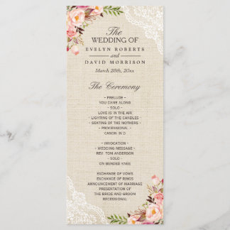Rustic Country Floral Lace Burlap Wedding Program