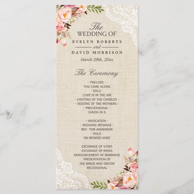 Rustic Country Floral Lace Burlap Wedding Program (Front)