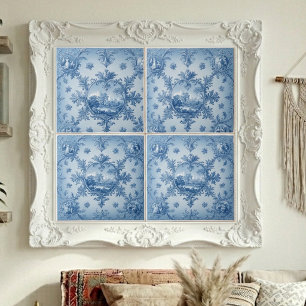 Rustic Country Floral Motif Dusty Blue Muted Tones Ceramic Tile