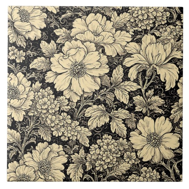 Rustic Country Floral Motifs Monochrome Distressed Ceramic Tile (Front)
