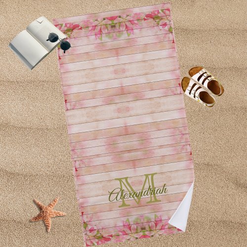 Rustic country floral pink wood family monogram  beach towel