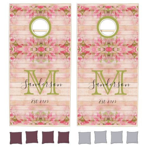 Rustic country floral pink wood family monogram cornhole set