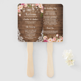 Rustic Country Floral String Light Wedding Program Hand Fan