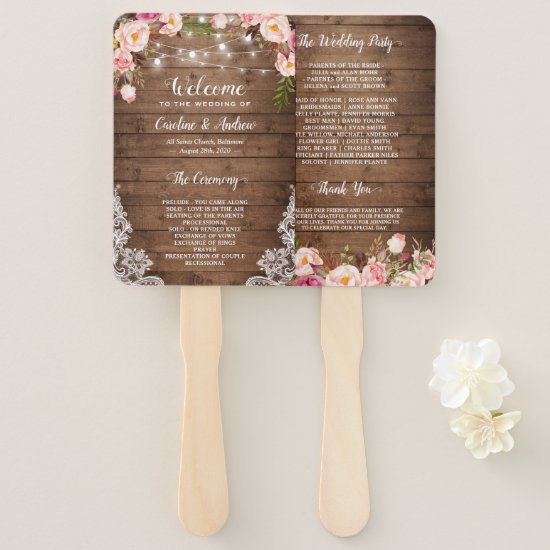 Rustic Country Floral String Light Wedding Program Hand Fan
