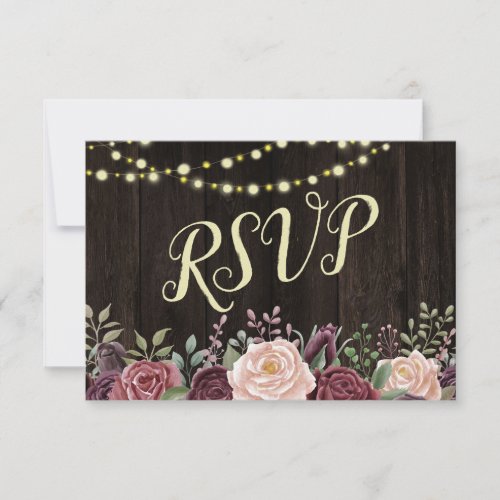 Rustic Country Floral String Lights on dark Wood RSVP Card