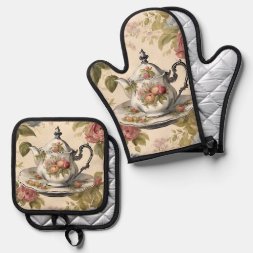 Rustic Country Floral Tea Party Vintage Teapot  Oven Mitt  Pot Holder Set