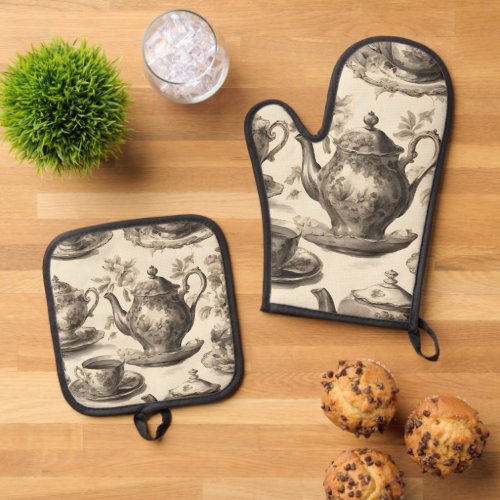 Rustic Country Floral Tea Party Vintage Teapot  Oven Mitt  Pot Holder Set