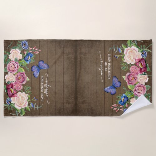 Rustic Country Floral Watercolor Personalized Name Beach Towel