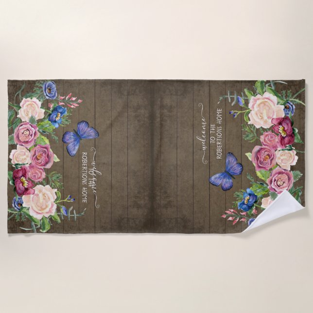 Rustic Country Floral Watercolor Personalized Name Beach Towel (Front)