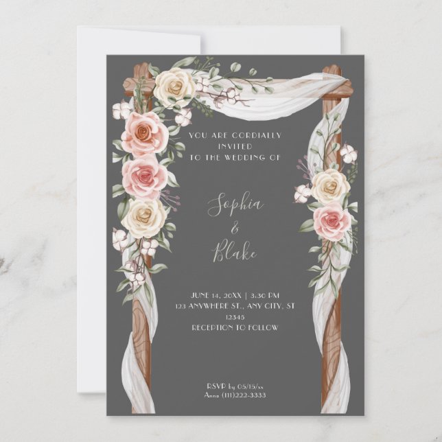 Rustic Country Floral Wedding Arch Gray Wedding Invitation (Front)