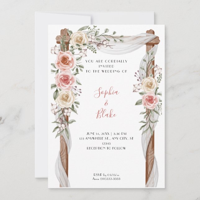 Rustic Country Floral Wedding Arch White Wedding Invitation (Front)