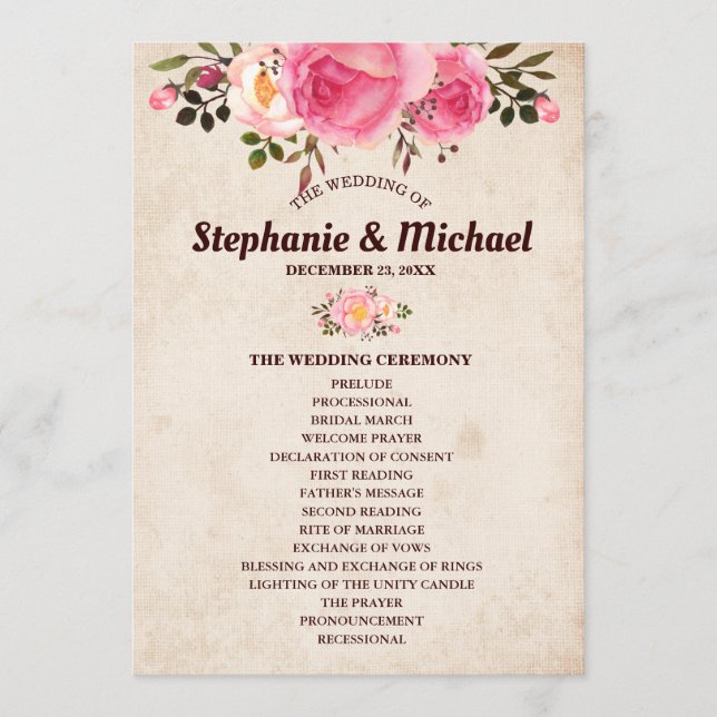 Rustic Country Floral Wedding Program Fan Front (Front)