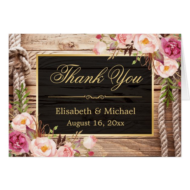 Rustic Country Floral Wood Gold Frame Thank You Card