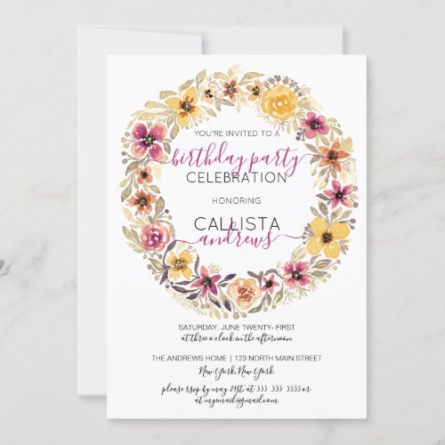 Rustic Country Floral Wreath Watercolor Birthday Invitation