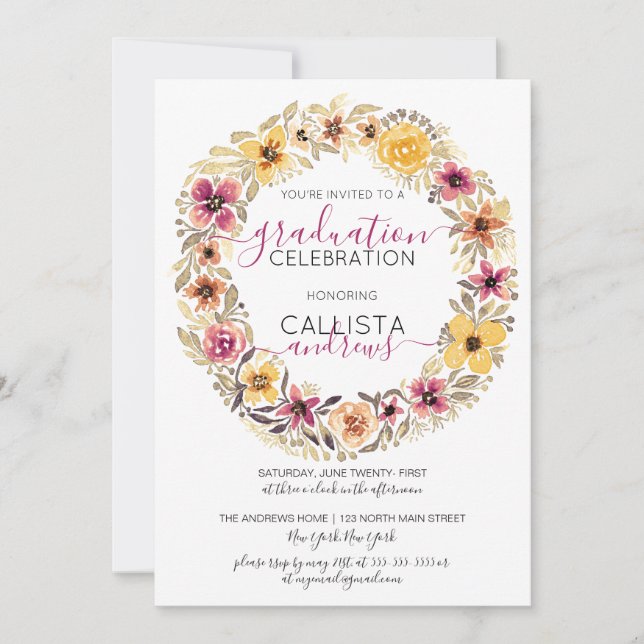 Rustic Country Floral Wreath Watercolor Graduation Invitation (Front)