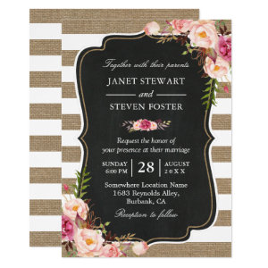 Rustic Country Flowers Burlap Stripes Chic Wedding Card