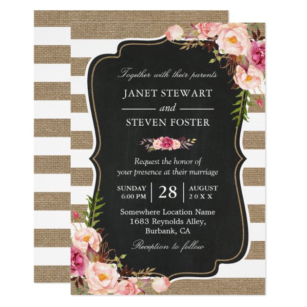 Rustic Country Flowers Burlap Stripes Chic Wedding Invitation