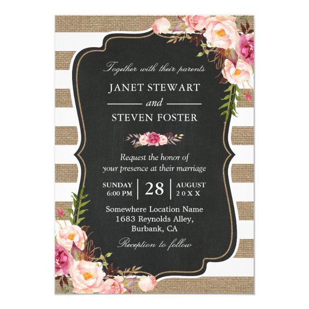 Rustic Country Flowers Burlap Stripes Chic Wedding Invitation