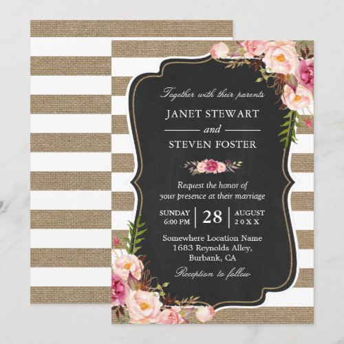 Rustic Country Flowers Burlap Stripes Chic Wedding Card
